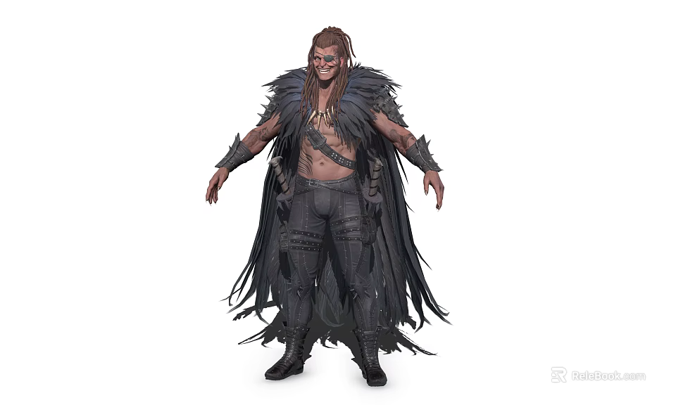 Tribal Warrior With Long Brown Hair Avian Feathered Cloak Bare Chest Tattoos Dark Boots 3d model 