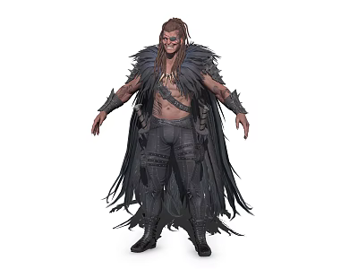 Tribal Warrior With Long Brown Hair Avian Feathered Cloak Bare Chest Tattoos Dark Boots 3d model