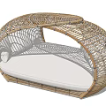 Woven Rattan Curved Outdoor Sofa With White Cushions And Hollow Design
