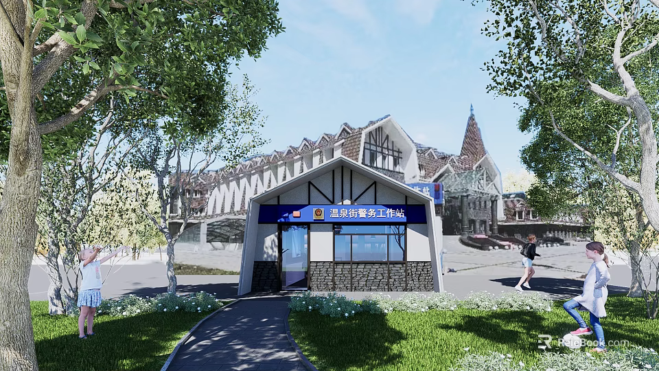 Chaoyang District Beijing Government Service Station Building Exterior With Trees Lawn And Pedestrians 3d model 