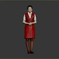Woman In Red Uniform Standing With Hands Crossed Against Gray Background