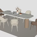 Modern Oval White Dining Table Set With Beige Brown Chairs And Decorative Tabletop Items 3d model