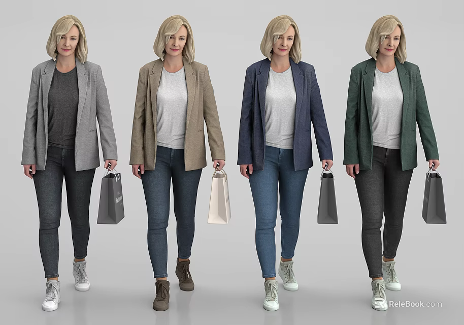 Women Wearing Different Stylish Coats Jeans And Shopping Bags Casual Look 3d model 