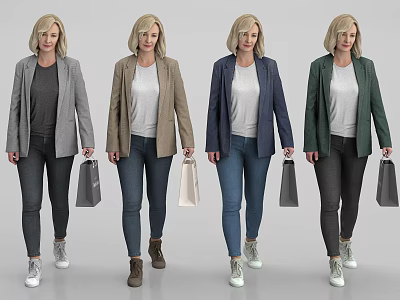 Women Wearing Different Stylish Coats Jeans And Shopping Bags Casual Look 3d model