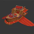Red Chinese Traditional Architecture Styled Spacecraft With Multi Layered Pavilion Design For Cosmic Exploration