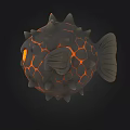 Angry 3D Pufferfish Model With Black Spiky Body Orange Eyes And Glowing Patterns