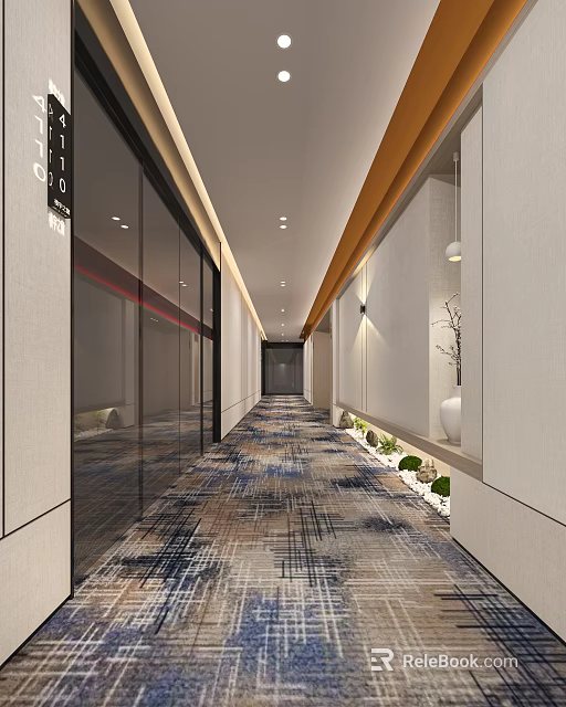 Modern Office Corridor With Glass Doors Light Colored Walls Patterned Carpet Green Plants And Lighting 3d model 