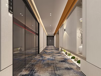 Modern Office Corridor With Glass Doors Light Colored Walls Patterned Carpet Green Plants And Lighting 3d model