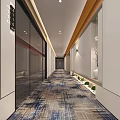 Modern Office Corridor With Glass Doors Light Colored Walls Patterned Carpet Green Plants And Lighting