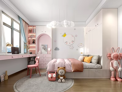 Kids Tatami Bedroom with Pink Desk Cloud Pendant Light and Cartoon Wall Decor 3d model