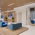 Modern Hotel Lobby With Large Blue Digital Screen Blue Sofas Wooden Decor And Green Plants