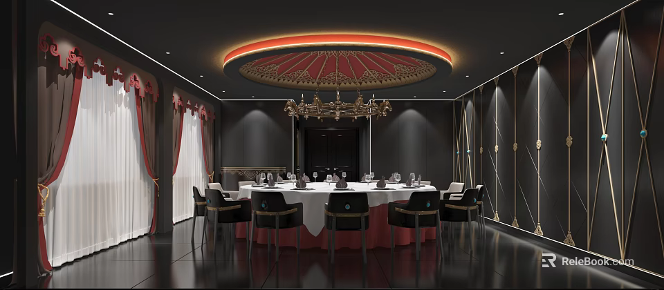 Elegant Private Dining Box Interior With Round Table Chandelier And Curtains 3d model 