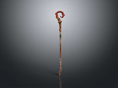 Ornate Magical Staff Weapon With Wooden Body Red Curved Top And Intricate Carvings 3d model
