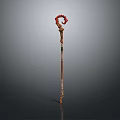 Ornate Magical Staff Weapon With Wooden Body Red Curved Top And Intricate Carvings
