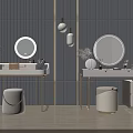 Modern Dressing Tables With Round Mirrors Stools And Vanity Items On Vertical Panel Walls 3d model