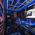 Modern KTV Interior with Blue Lighting Large Screens Bar Counter and Seating