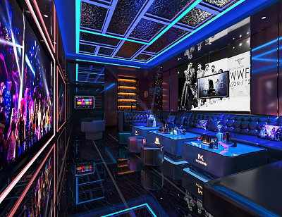 Modern KTV Interior with Blue Lighting Large Screens Bar Counter and Seating 3d model