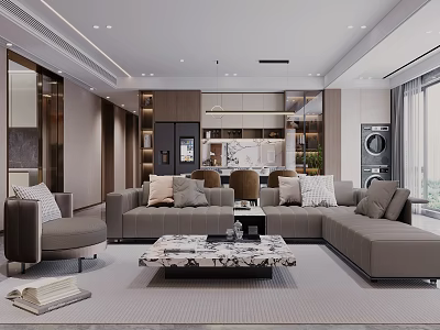 Modern Living and Dining Room Interior With Gray Sofa Marble Coffee Table and Open Kitchen 3d model