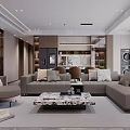 Modern Living and Dining Room Interior With Gray Sofa Marble Coffee Table and Open Kitchen