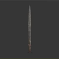 Ancient Bronze Sword Sculpture with Intricate Carvings on Rustic Blade Standing on Display Base