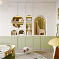 Kids Room Interior With Green White Cabinets Round Window Mushroom Playhouse And Toy Car