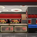 Modern Hotpot Restaurant Interior With Red Decor Wooden Counter And Seating Area