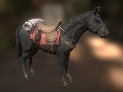 Black Horse With Saddle And Rolled Blanket In Natural Outdoor Environment 3d model