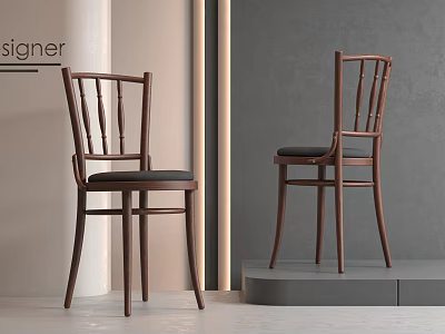Modern Wooden Dining Chairs With Curved Backrest And Black Cushion Seat 3d model