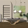 Stylish Modern Wooden Desk With Curved Bookshelf Pendant Lights Wall Art Chair And Plant