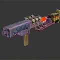 Mechanical Weapon with Metal Components Red Black Color Scheme Mounted on Wooden Stand