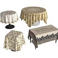 Dining Table Set With Various Patterned Tablecloths In Beige Gold And Checkered Designs