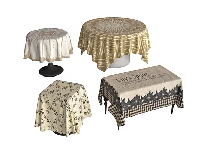 Dining Table Set With Various Patterned Tablecloths In Beige Gold And Checkered Designs 3d model