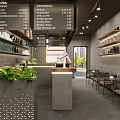 Modern Cafe Interior With Wooden Bar Counter Metal Stools Menu Boards And Green Plants