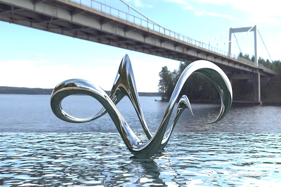 Silver Metallic Curved Landscape Sculpture On Water Surface With Bridge And Natural Scenic View 3d model 