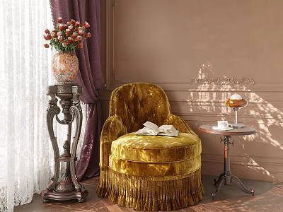 Elegant Gold Velvet Single Sofa With Side Table Tea Cup Flower Vase And Sunlight 3d model