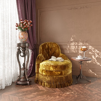 French Single Sofa Middle Ancient Ginger Velvet Single Sofa Solid Wood Side Table Solid Wood Carved Flower Frame Purple Velvet Curtain Hollow Printing Window Screen 3d model