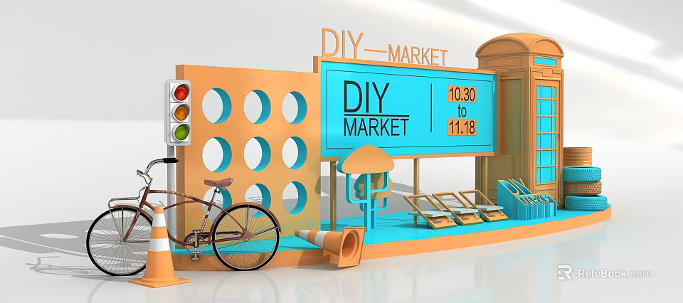 Interactive Area At DIY Market With Traffic Light Bicycle Sun Loungers And Timetable 3d model 
