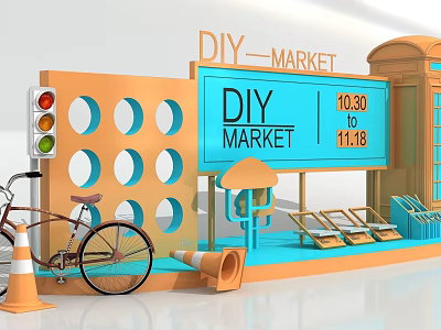Interactive Area At DIY Market With Traffic Light Bicycle Sun Loungers And Timetable 3d model