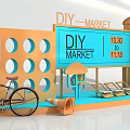 Interactive Area At DIY Market With Traffic Light Bicycle Sun Loungers And Timetable