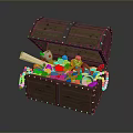 Wooden Storage Chest Filled With Colorful Gemstones Pearl Necklaces And Gold Coins