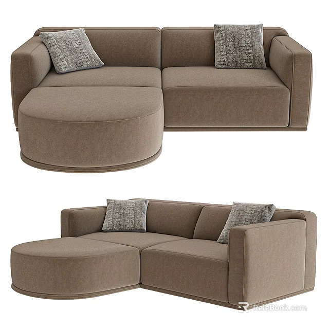 Modern Brown Sectional Sofa With Round Ottoman And Decorative Pillows 3d model 