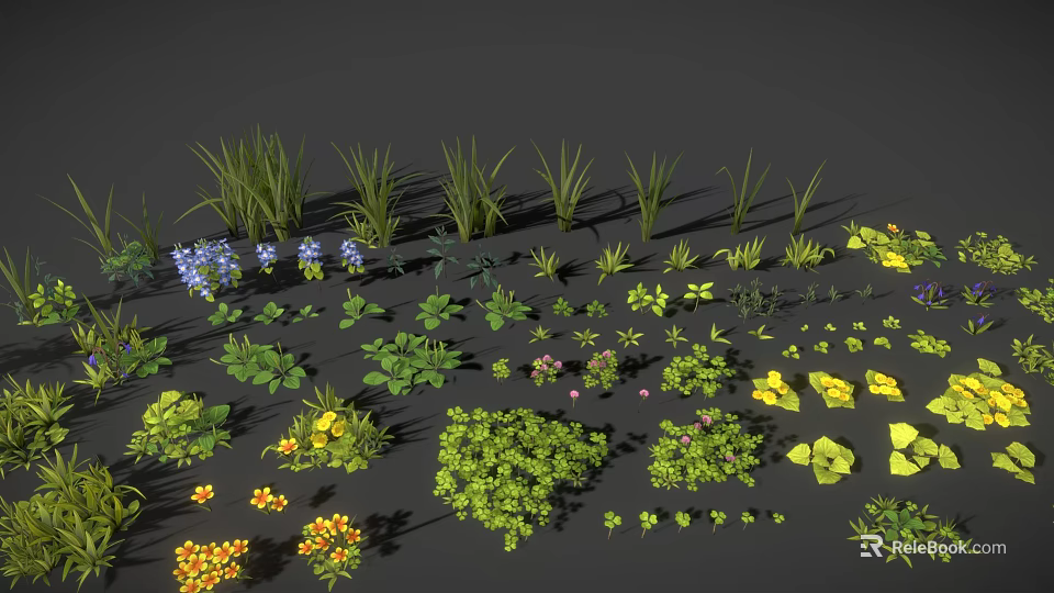 Colorful Green Blue Yellow Purple Grass And Flowers Plant Collection 3d model 