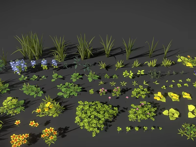 Colorful Green Blue Yellow Purple Grass And Flowers Plant Collection 3d model