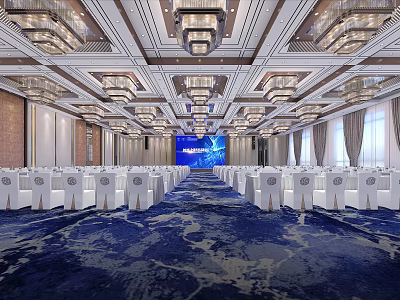 Elegant Conference Room With Chandeliers White Chairs Blue Carpet And Large Screen 3d model