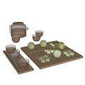 Glass Teapot With Wooden Lid And Glass Cups On Wooden Trays With Green Tea Snacks
