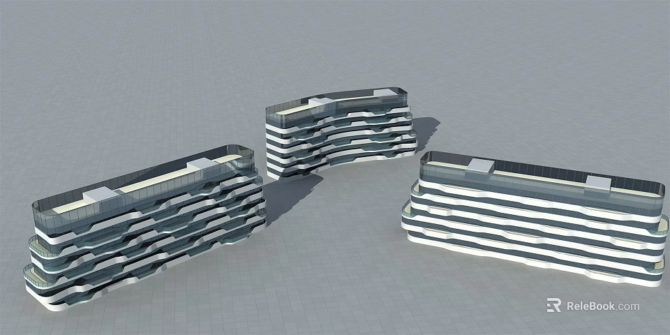 Modern Multi storey Office Building With Unique Curved Structure And Striped Design 3d model