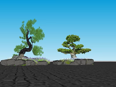 Tree Pit Landscaping Design With Green Trees Stones And Purple Plants 3d model