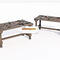Two Rustic Wooden Coffee Tables With Various Tools Placed On Top