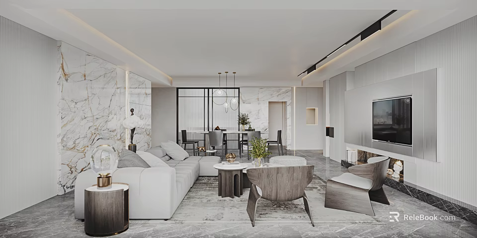 Modern Living Dining Room Interior With Sofa Dining Table And Pendant Lights 3d model