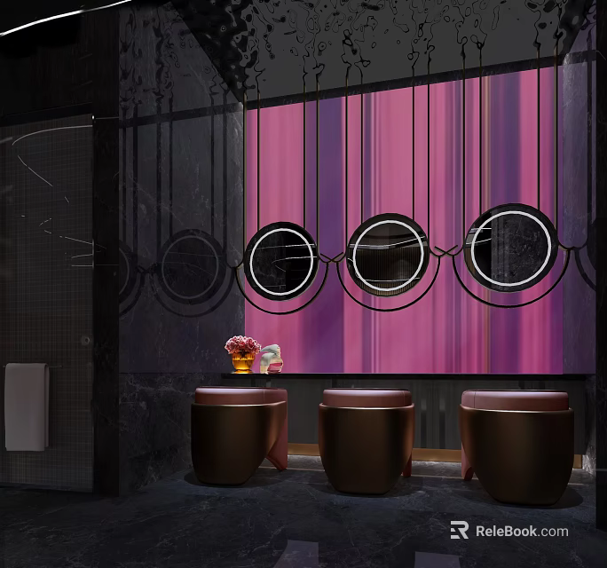 Luxury SPA Sauna Interior With Pink Gradient Wall Circular Mirrors and Brown Stools 3d model 